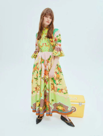 2024 New Collar Horn Sleeve Single Buckle Waist Print Long Dress Dress Woman